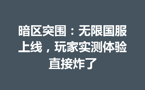 暗区突围：无限国服上线，玩家实测体验直接炸了 一