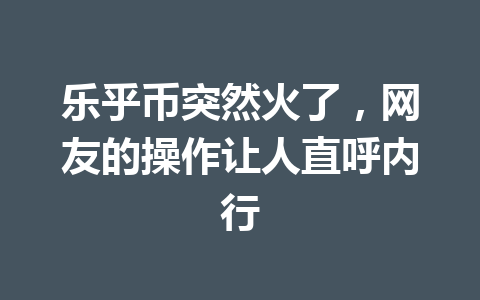 乐乎币突然火了,网友的操作让人直呼内行 一